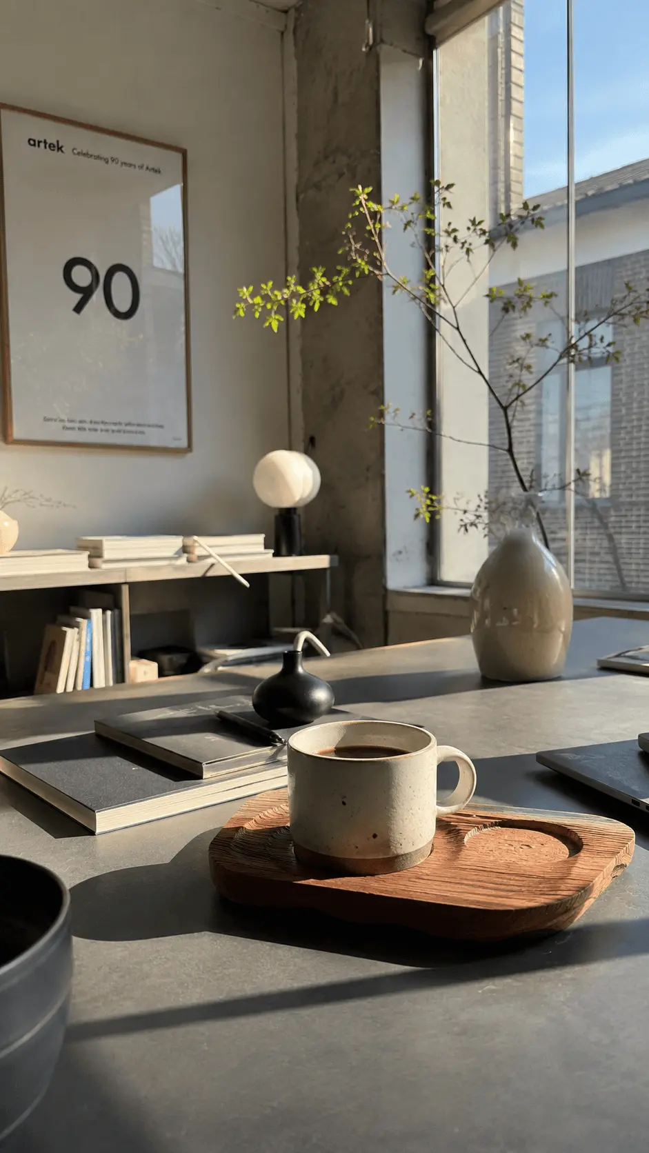 Sunlit lifestyle goods still life arranged on a modern cafe-style table